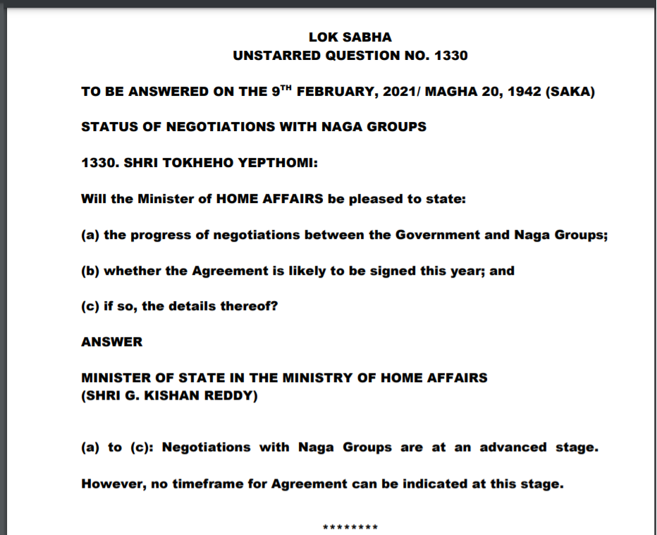 'No timeframe for Agreement can be indicated at this stage,’ informs an MHA reply to an ‘Unstarred Question’ in Lok Sabha on status of Indo-Naga political talks on February 9. (Morung Photo/ screenshot)